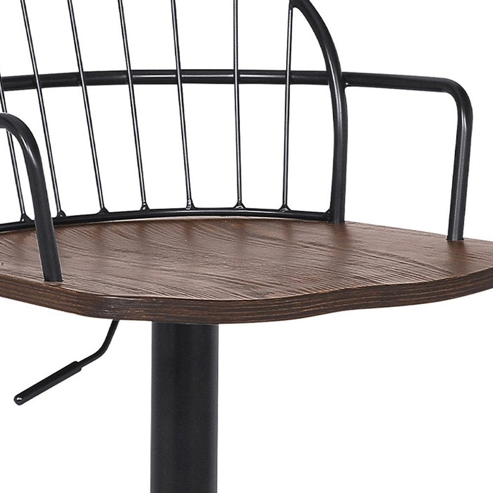 Brown And Black Solid Wood And Iron Low Back Adjustable Height Bar Chair