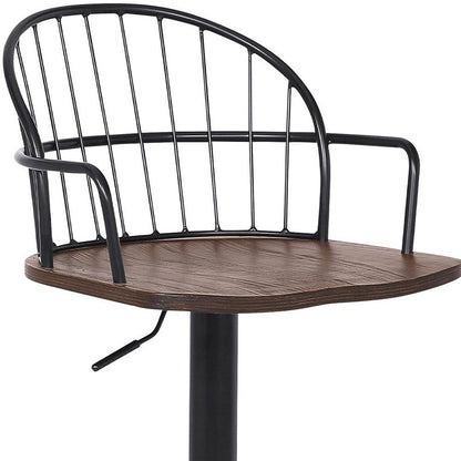Brown And Black Solid Wood And Iron Low Back Adjustable Height Bar Chair