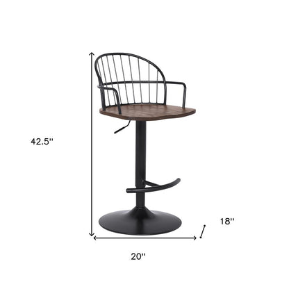 Brown And Black Solid Wood And Iron Low Back Adjustable Height Bar Chair