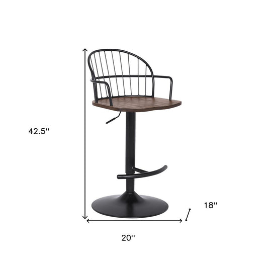 Brown And Black Solid Wood And Iron Low Back Adjustable Height Bar Chair