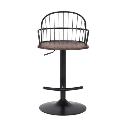 Brown And Black Solid Wood And Iron Low Back Adjustable Height Bar Chair