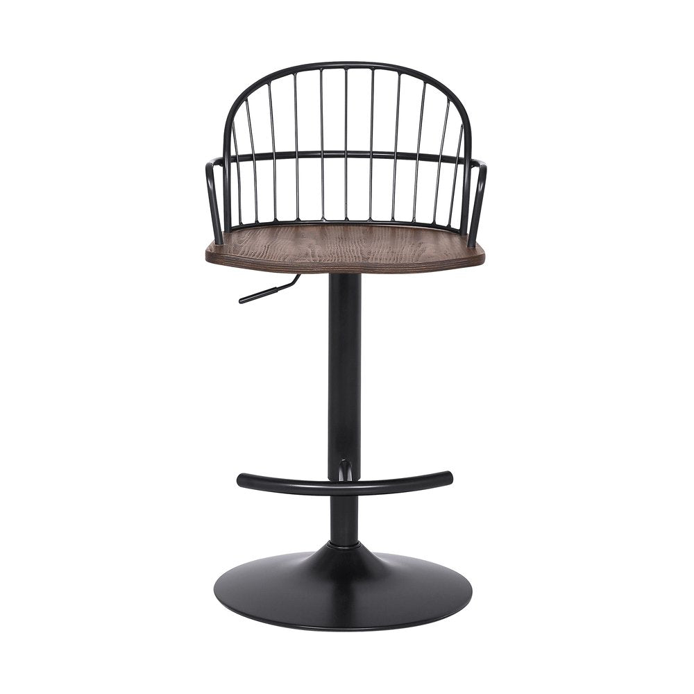 Brown And Black Solid Wood And Iron Low Back Adjustable Height Bar Chair