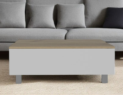 32" White And Light Oak Manufactured Wood Rectangular Lift Top Coffee Table With Drawer And Shelf