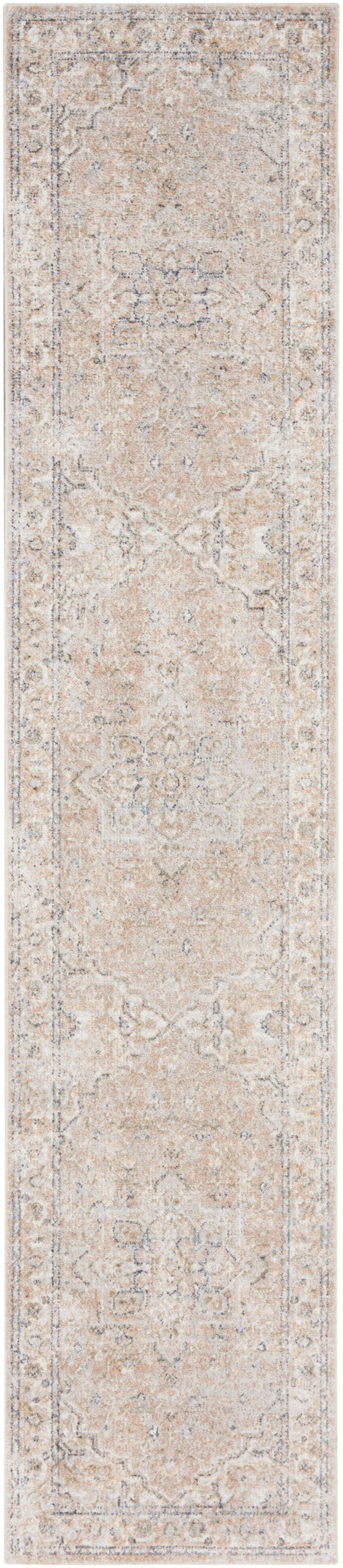 Muted beige Oriental runner rug with antique damask medallions and ornate border, distressed vintage look.