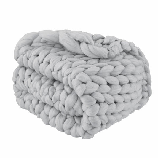 50" X 60" Light Gray Boho Chunky Knit  Throw Blanket