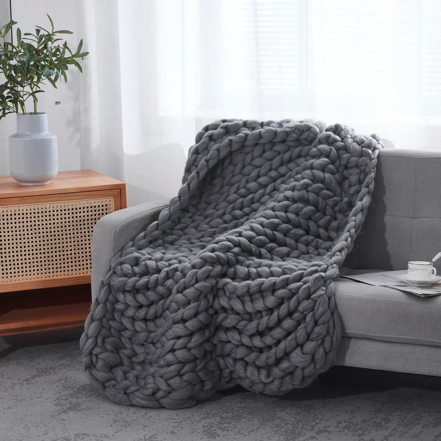 Dark Grey Boho Chunky Knit Throw Blanket