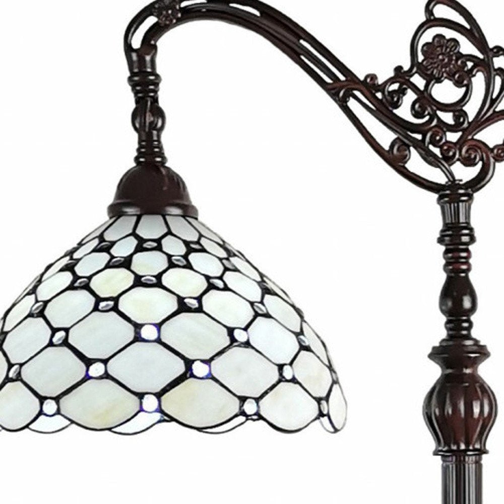62" Brown And White Metal Floor Lamp With White Glass Bowl Shade