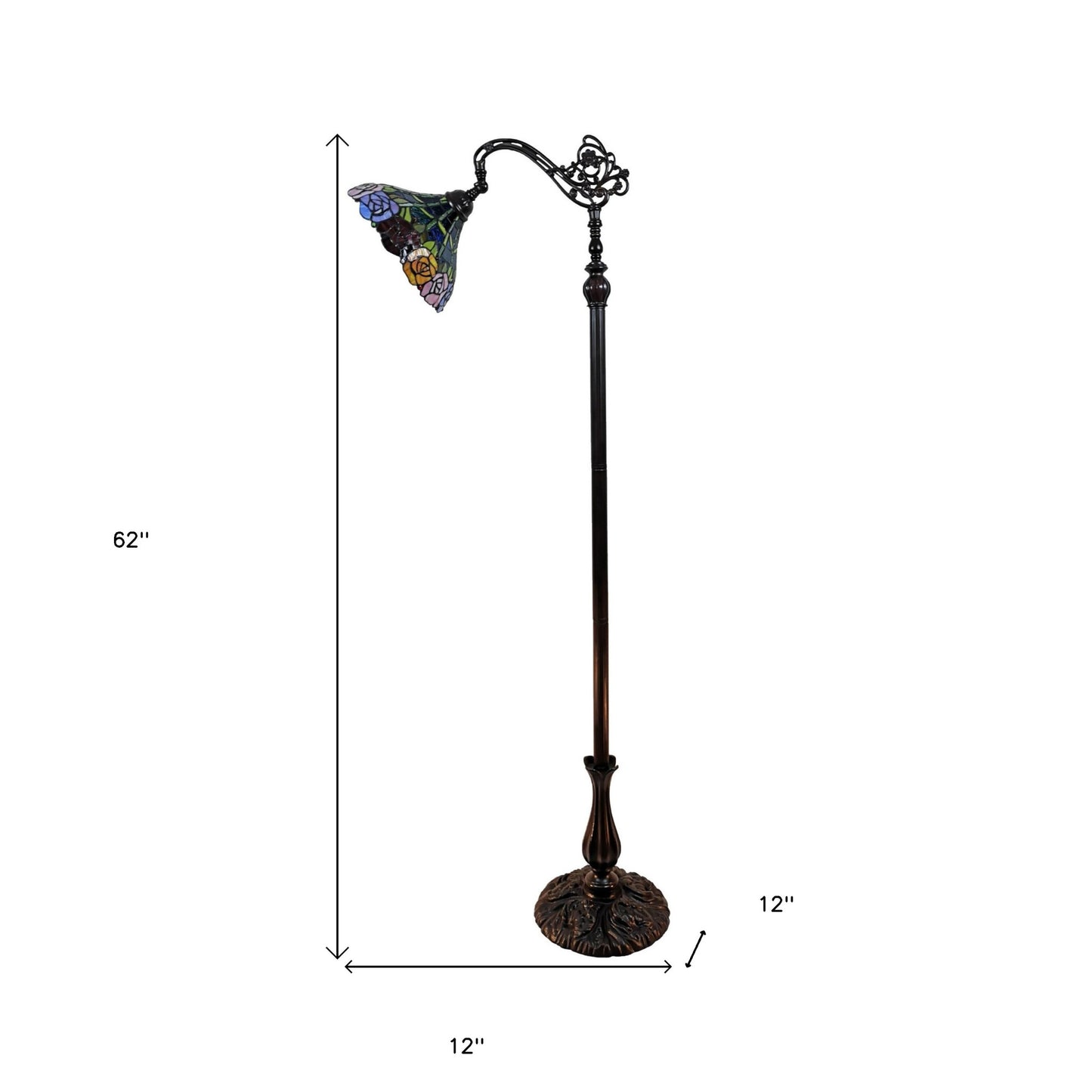 62" Brown Torchiere Floor Lamp With Blue and Yellow Flowers Glass Dome Shade