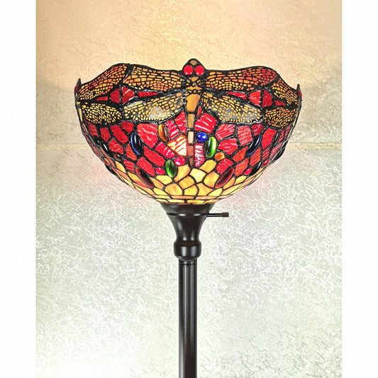 69" Black And Red Torchiere Floor Lamp With Red Dragonfly Glass Dome Shade