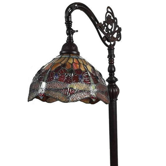 61" Black And Red Torchiere Floor Lamp With Red Dragonfly Glass Dome Shade