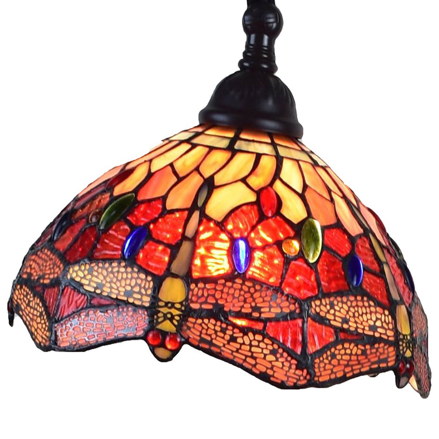 61" Brown Traditional Shaped Floor Lamp With Red Yellow And Brown Stained Glass Dome Shade