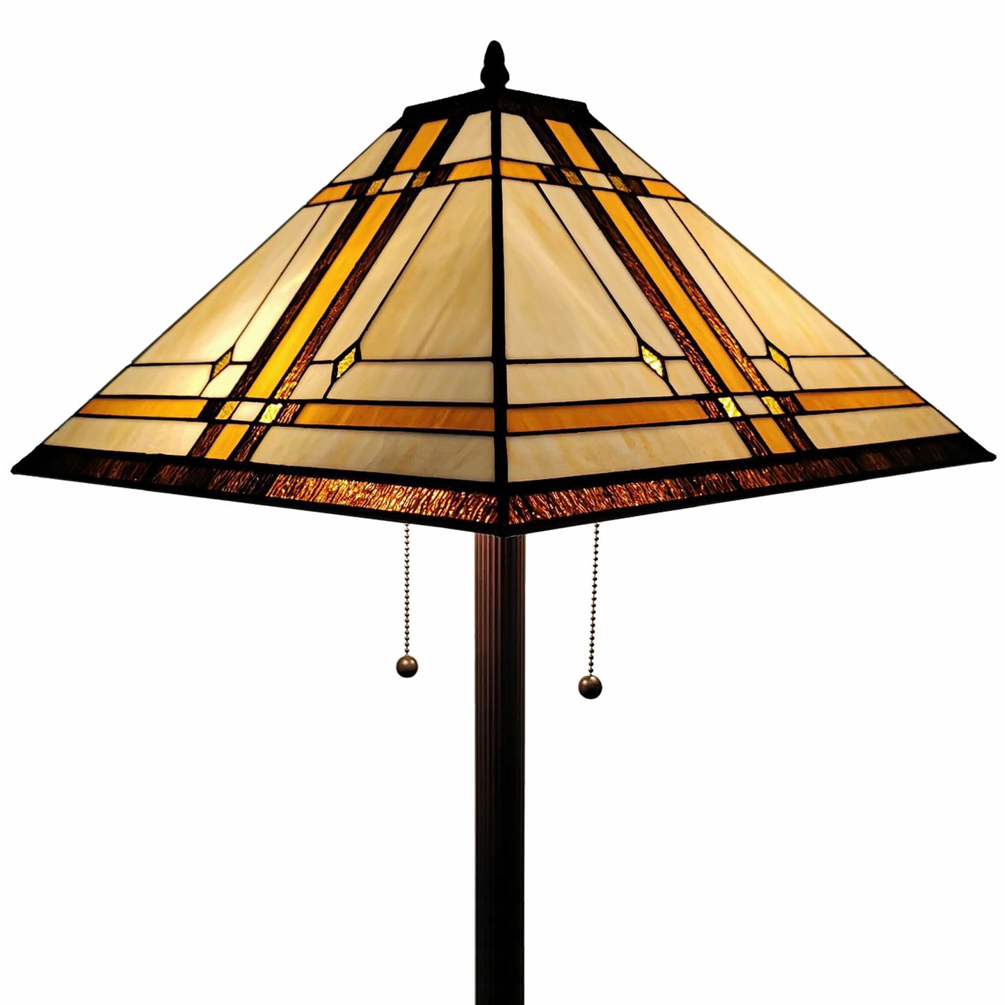 62" Brown Two Lights Traditional Shaped Floor Lamp With Brown And White Stained Glass Cone Shade