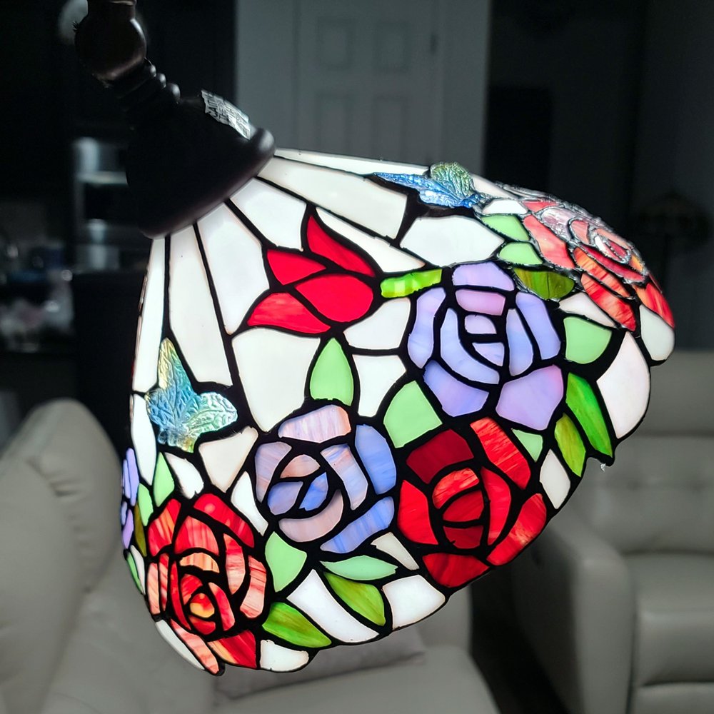 62" Espresso Metal Torchiere Floor Lamp With Green And White Flowers Glass Dome Shade