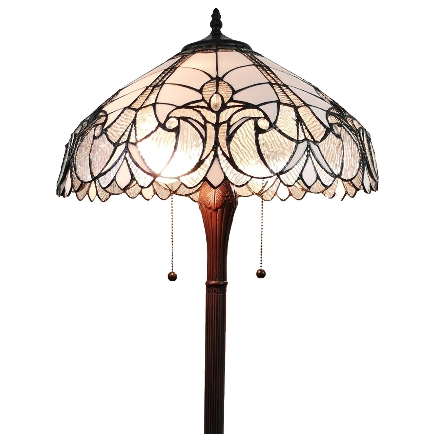 62" Brown Two Light Torchiere Floor Lamp With White Fleur De Lis Stained Glass Dome Shade