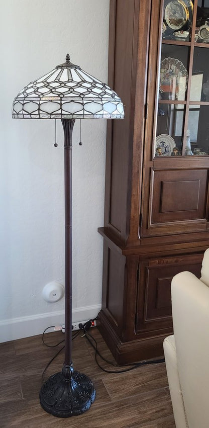 62" Brown And White Two Light Torchiere Floor Lamp With White Geometric Glass Dome Shade
