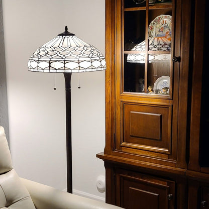 62" Brown And White Two Light Torchiere Floor Lamp With White Geometric Glass Dome Shade