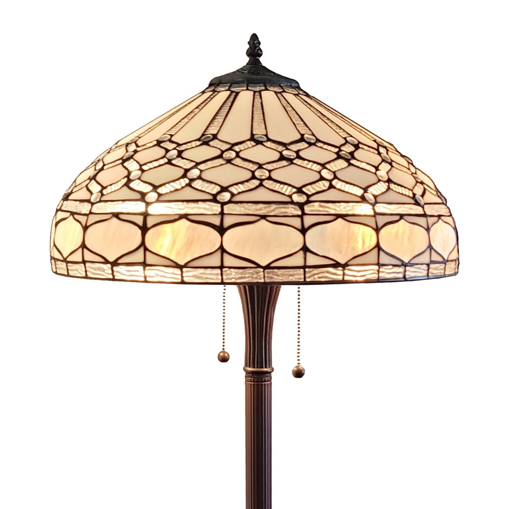 62" Brown And White Two Light Torchiere Floor Lamp With White Geometric Glass Dome Shade