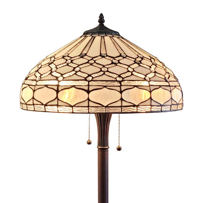 62" Brown And White Two Light Torchiere Floor Lamp With White Geometric Glass Dome Shade