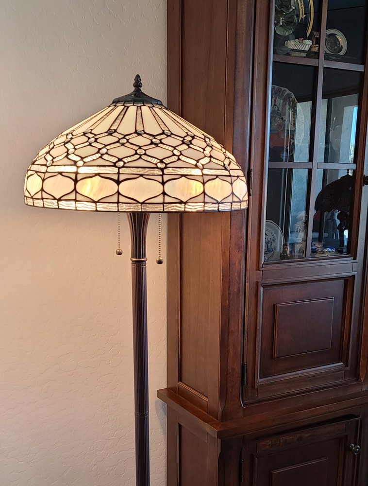 62" Brown And White Two Light Torchiere Floor Lamp With White Geometric Glass Dome Shade