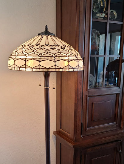 62" Brown And White Two Light Torchiere Floor Lamp With White Geometric Glass Dome Shade