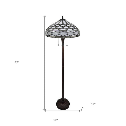62" Brown And White Two Light Torchiere Floor Lamp With White Geometric Glass Dome Shade