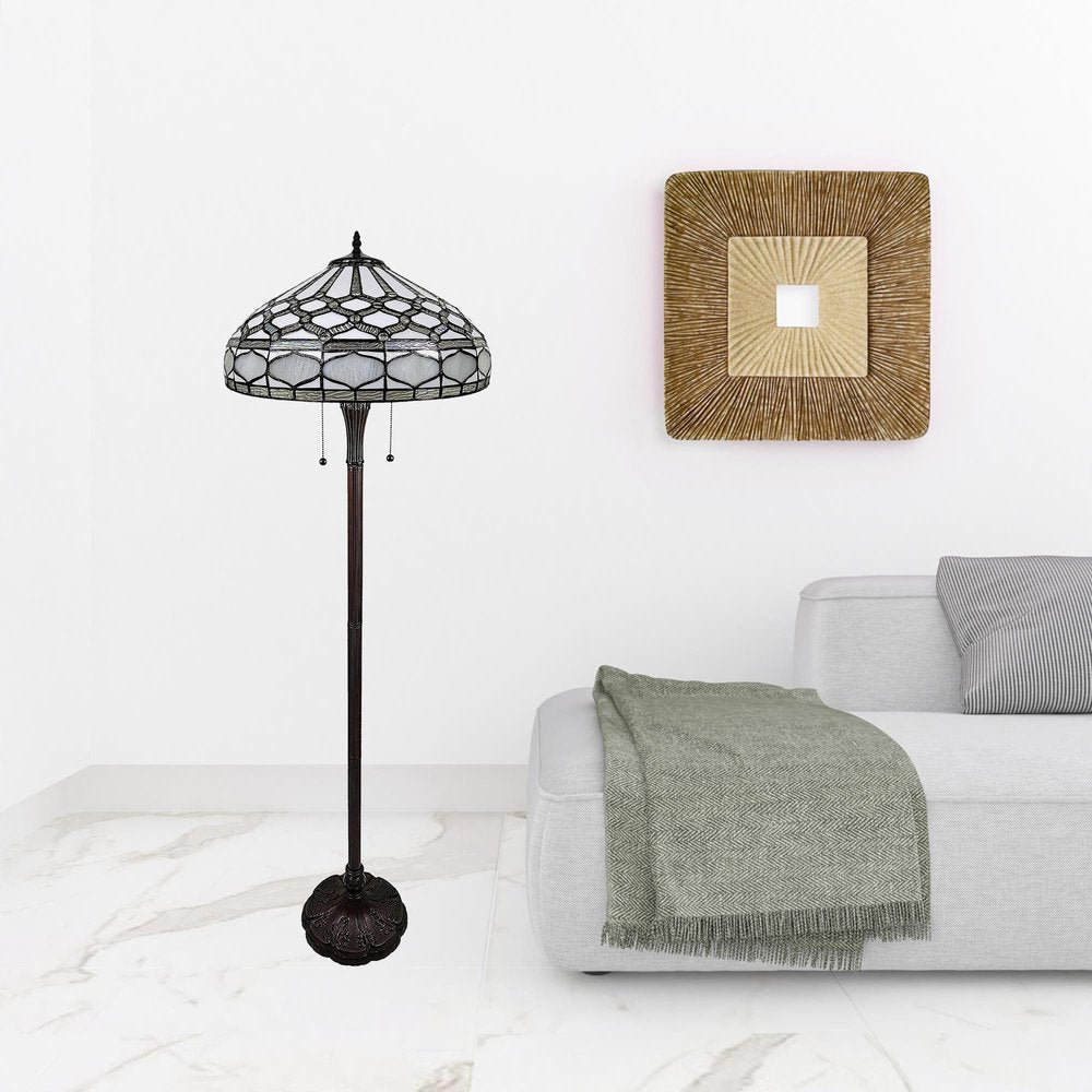 62" Brown And White Two Light Torchiere Floor Lamp With White Geometric Glass Dome Shade