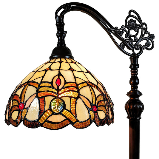 62" Brown Metal Arched Floor Lamp With Amber and Red Flowers Stained Glass Shade