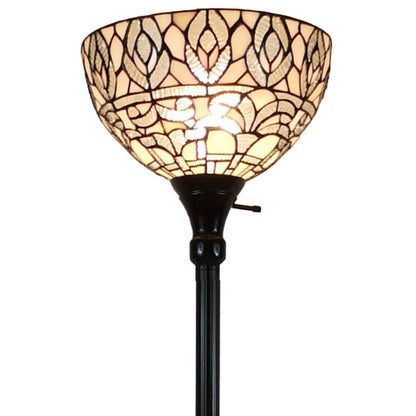 62" Brown And White Torchiere Floor Lamp With White Peacock Feather Glass Dome Shade