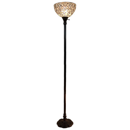 62" Brown And White Torchiere Floor Lamp With White Peacock Feather Glass Dome Shade