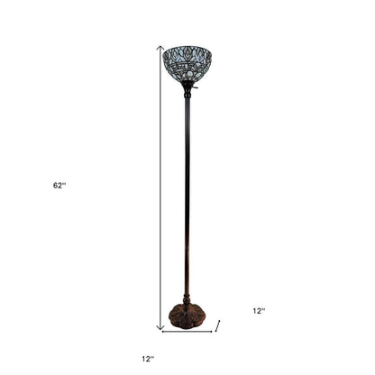 62" Brown And White Torchiere Floor Lamp With White Peacock Feather Glass Dome Shade