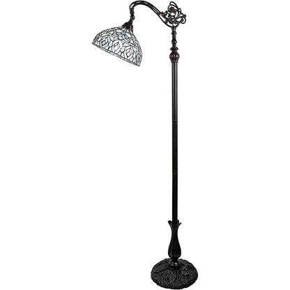 62" Brown And White Torchiere Floor Lamp With White Peacock Feather Glass Dome Shade