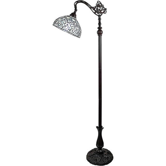 62" Brown And White Torchiere Floor Lamp With White Peacock Feather Glass Dome Shade
