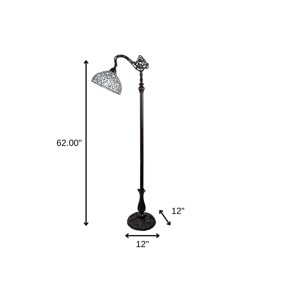 62" Brown And White Torchiere Floor Lamp With White Peacock Feather Glass Dome Shade