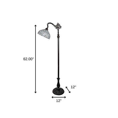 62" Brown And White Torchiere Floor Lamp With White Peacock Feather Glass Dome Shade