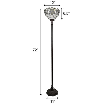 72" Brown And White Torchiere Floor Lamp With White Flowers Glass Dome Shade