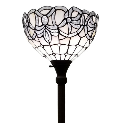 72" Brown And White Torchiere Floor Lamp With White Flowers Glass Dome Shade