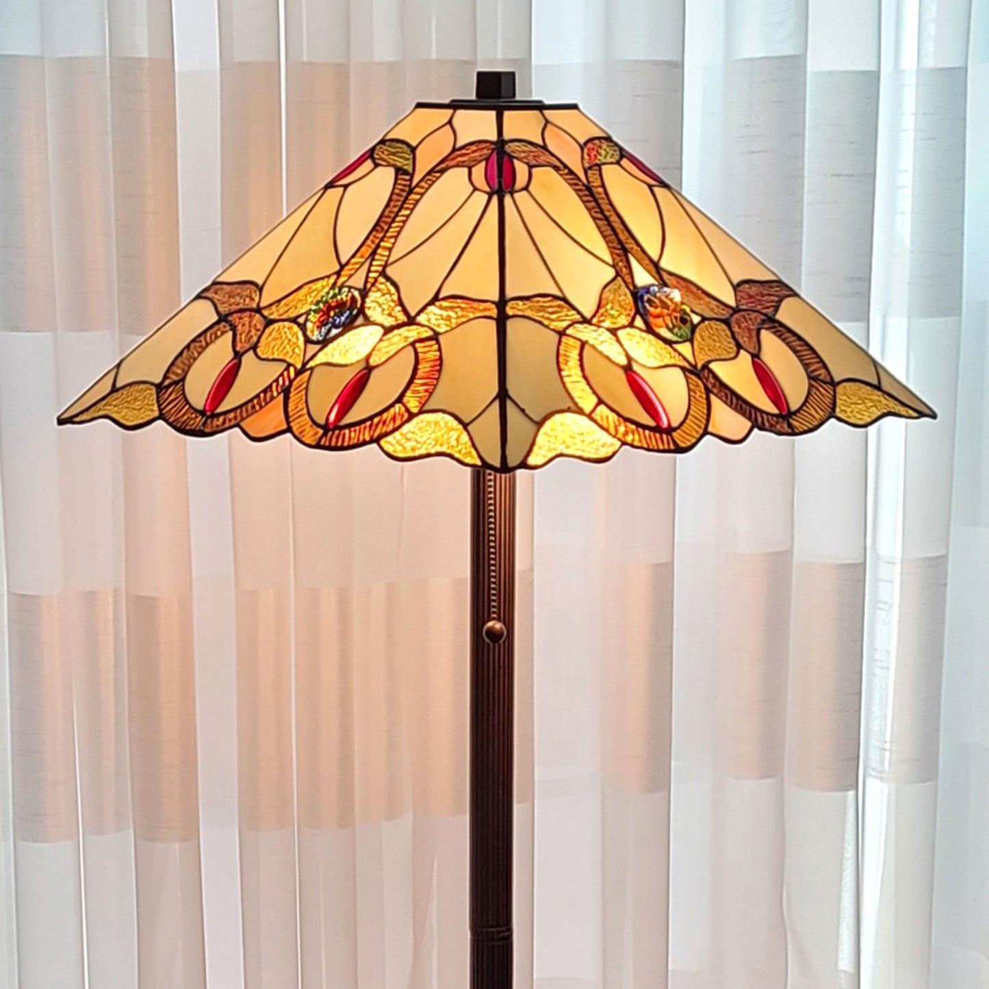 62" Brown Two Lights Traditional Shaped Floor Lamp With Brown And White Stained Glass Cone Shade