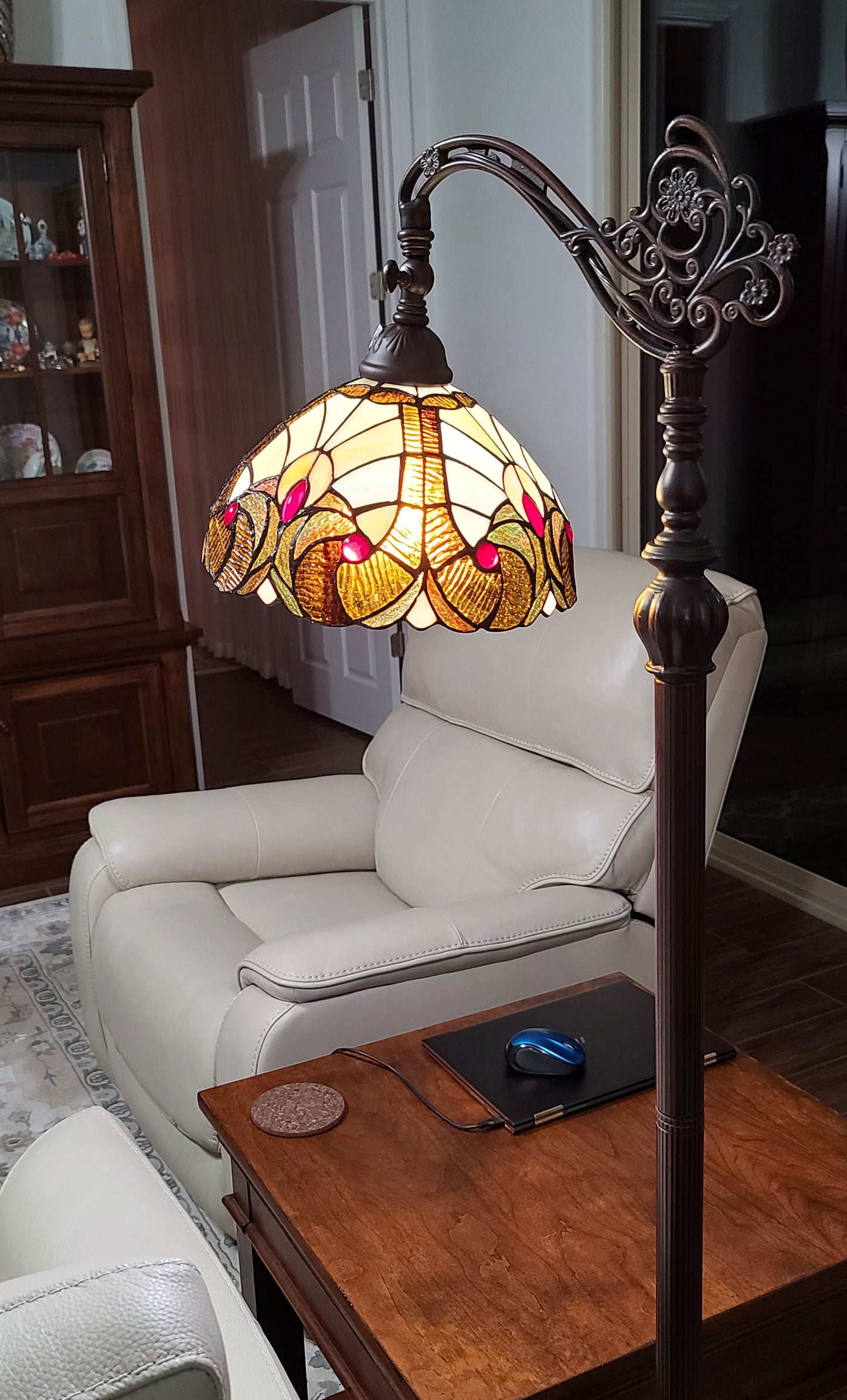 62" Brown Traditional Shaped Floor Lamp With Brown And Red Stained Glass Bowl Shade