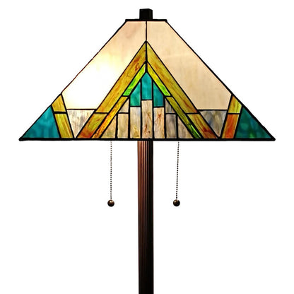 62" Two Light Tiffany Style Floor Lamp With Amber Blue And Green Stained Glass Shade