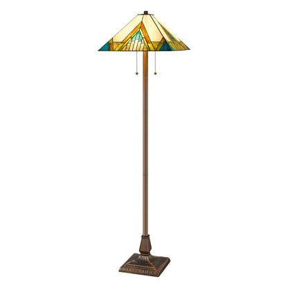 62" Two Light Tiffany Style Floor Lamp With Amber Blue And Green Stained Glass Shade