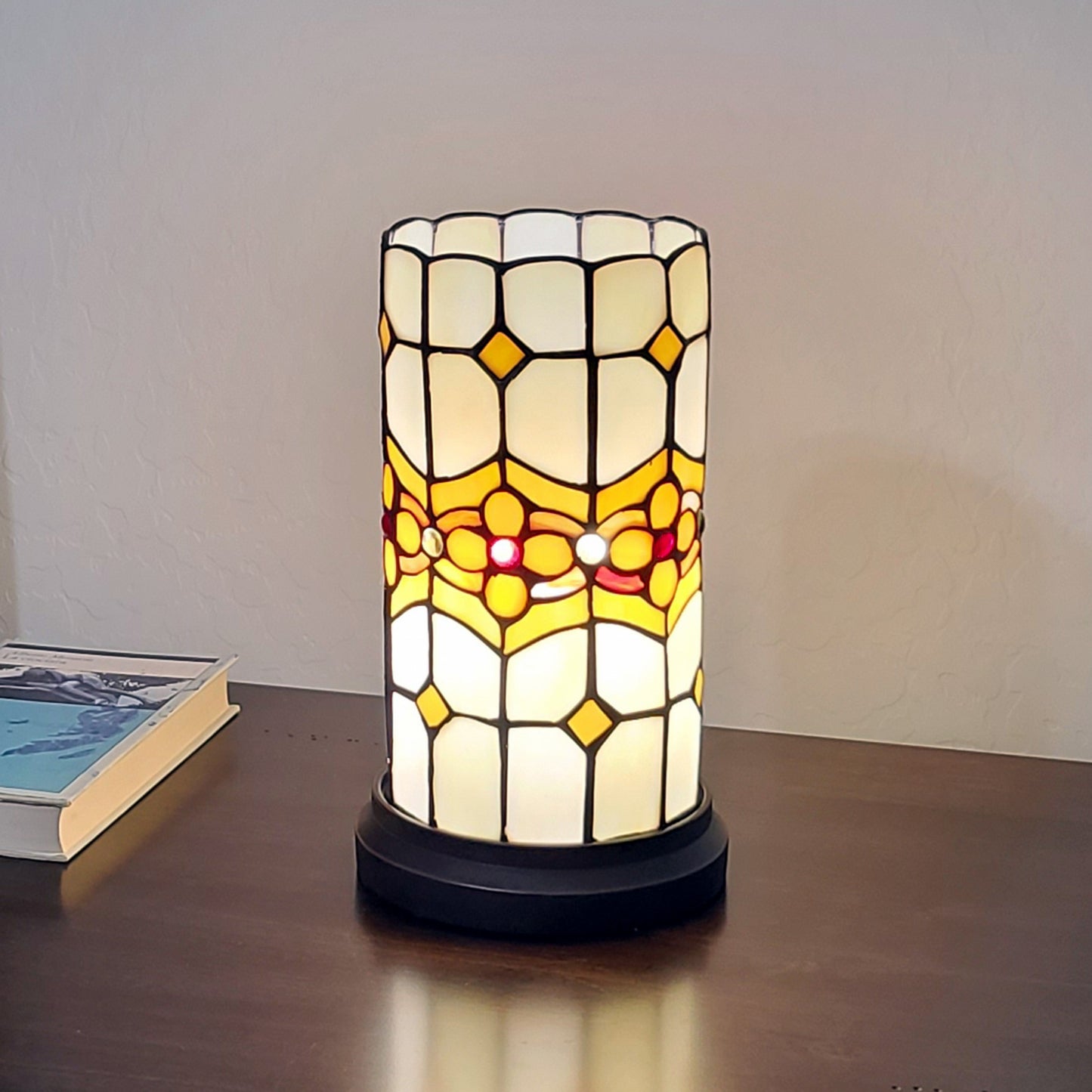 11" Brown and Beige Mosaic Tile Stained Glass Accent Lamp