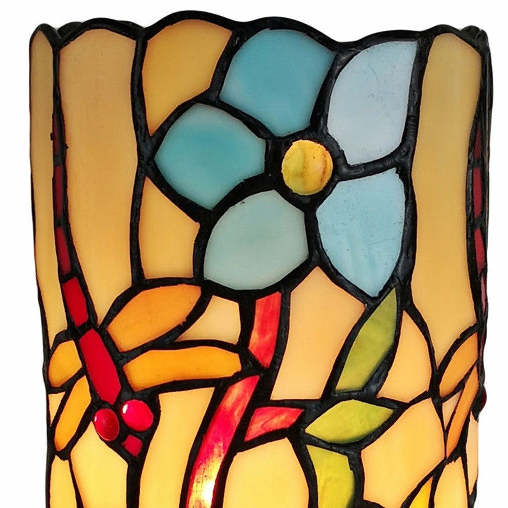 10" Red and Beige Dragonfly Stained Glass Accent Lamp