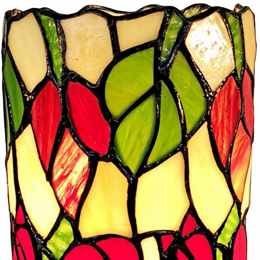 14" Red Green and Black Floral Stained Glass Accent Lamp