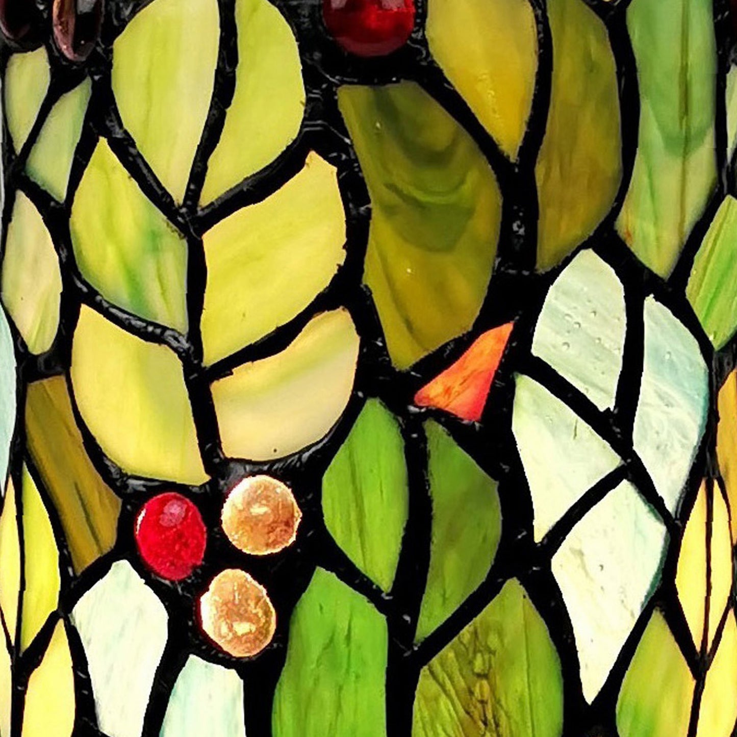 11" Green and Red Leaves and Berries Stained Glass Accent Lamp