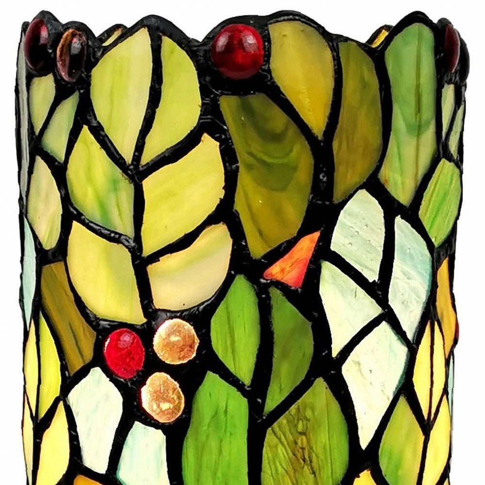 11" Green and Red Leaves and Berries Stained Glass Accent Lamp
