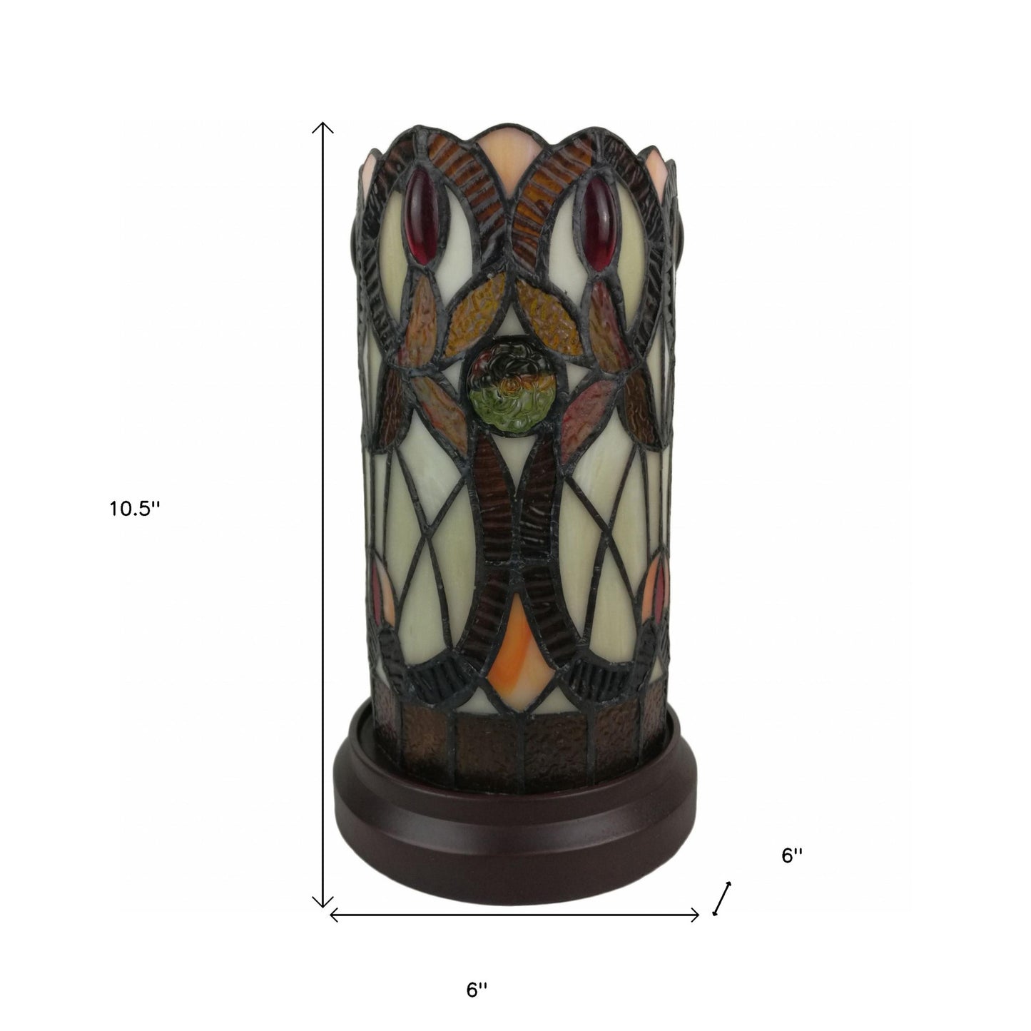 11" Ivory and Brown Geometric Floral Stained Glass Accent Lamp