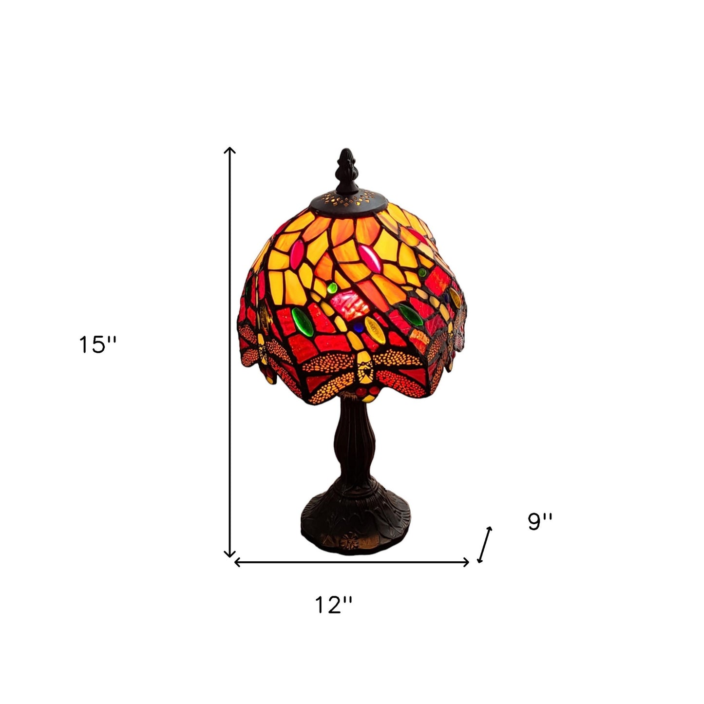 15" Dark Brown Metal Candlestick Table Lamp With Red and Black Novelty Shade