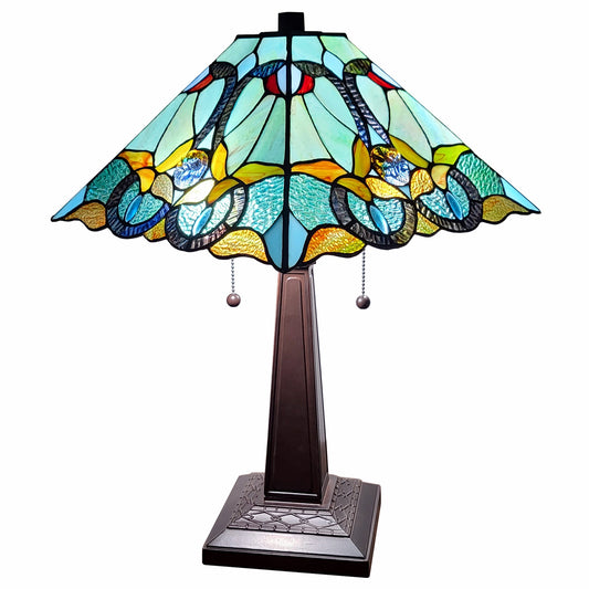 23" Dark Brown Metal Two Light Table Lamp With Blue and Green Cone Shade