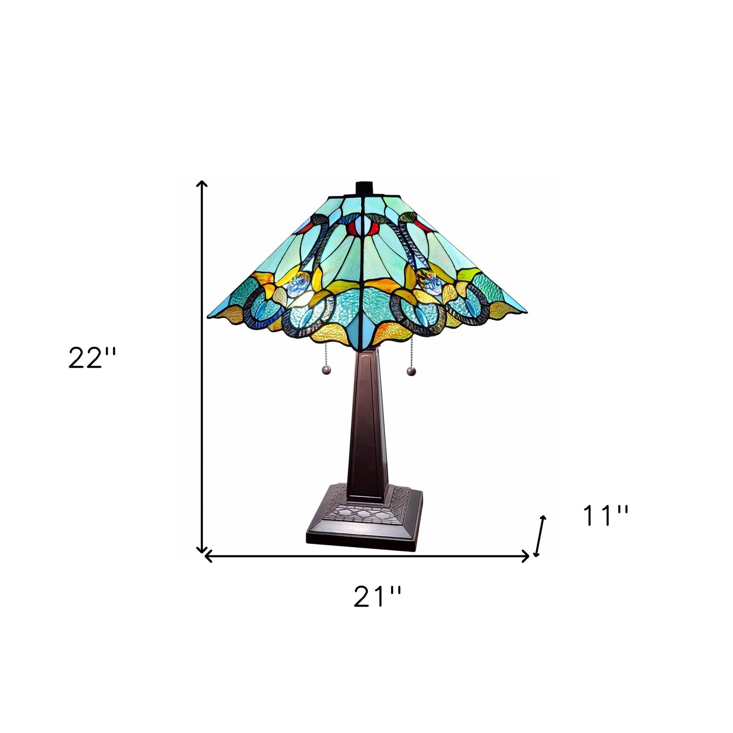 23" Dark Brown Metal Two Light Table Lamp With Blue and Green Cone Shade