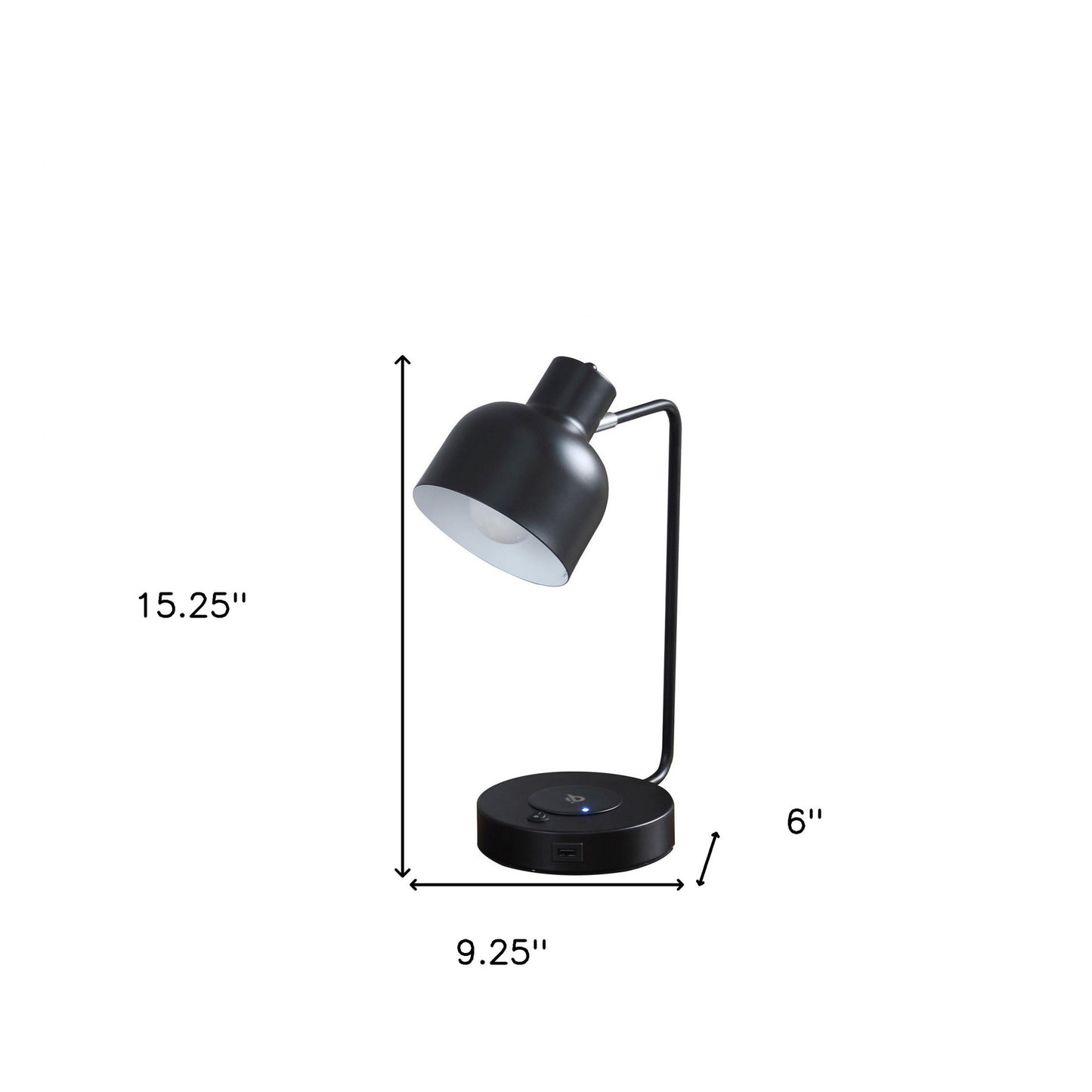 15" Black Metal Desk USB Table Lamp With Black Shade